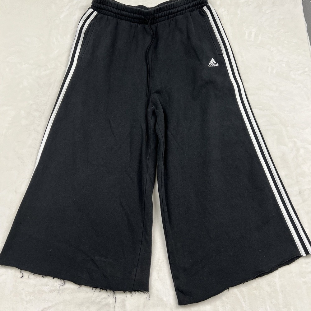 Adidas Wide Leg Sweatpants mens XL Black 3-Stripe Raw cut bottom Hem